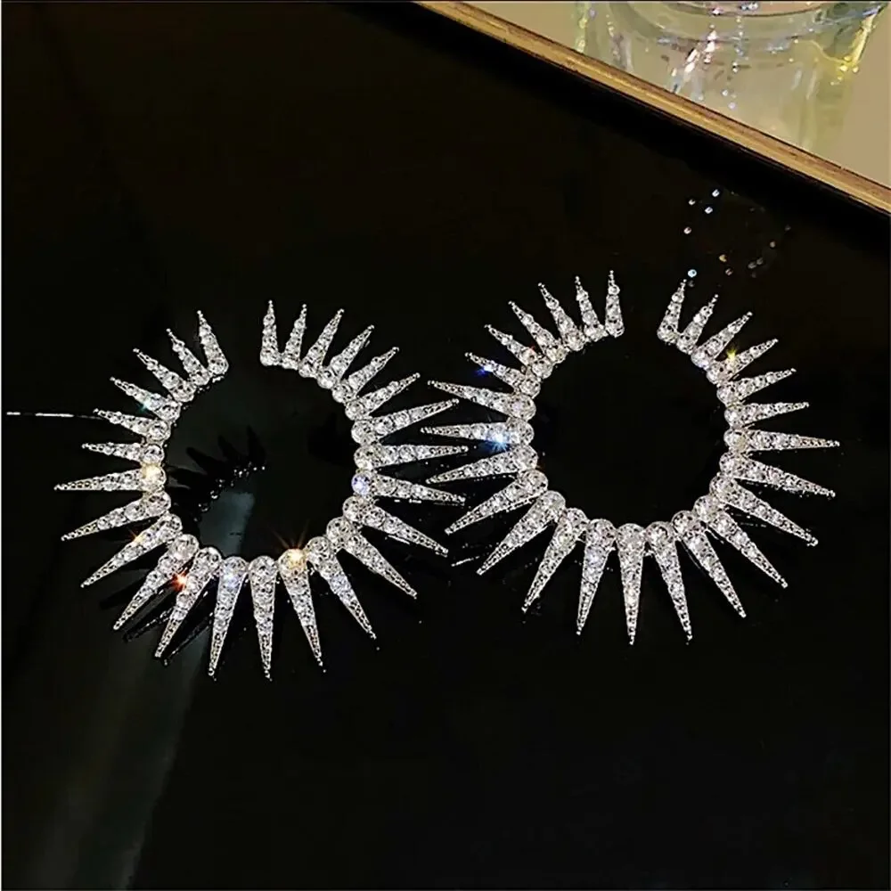 Exaggerated Spiked Zircon Earrings, Statement Silver Oversized Wedding